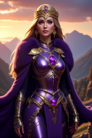 A regal queen warrior stands against a dramatic sunset backdrop, with distant mountains silhouetted in the background. She wears an ornate, gold crown with intricate designs and a central amethyst gemstone, symbolizing her royal status. Her long blonde hair flows gently in the wind. She is adorned in royal purple armor with golden embellishments, showcasing detailed filigree and a large, glowing purple gem embedded in the chest plate. The luxurious, dark purple fur cape drapes over her shoulders, adding to her majestic presence. The scene captures a mix of elegance, power, and mystery, with a soft, ambient glow from the fading sunlight illuminating her armor and the distant landscape, giving the atmosphere a mystical and heroic quality.