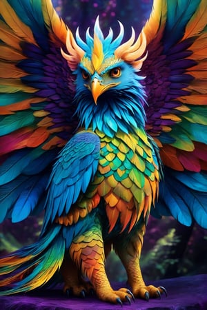 (best quality, 8K, highres), ultra-detailed, (fantasy creature illustration) featuring a magnificent and otherworldly being reminiscent of mythical creatures from legends. Transport yourself to a realm of vibrant fantasy where this extraordinary creature comes to life in a breathtaking display of colors. The high-resolution artwork unveils a world of enchantment, showcasing the creature adorned with a mesmerizing and colorful ensemble that shimmers with iridescent scales, ethereal feathers, and luminous patterns, creating a visually striking and magical aesthetic. The artist's skilled strokes vividly capture the creature's majesty and wonder, with radiant lighting that intensifies the fantastical ambiance. An exceptional masterpiece that seamlessly fuses fantasy and mythical elements, presenting the creature in a new light that resonates with awe-inspiring and vibrant glory