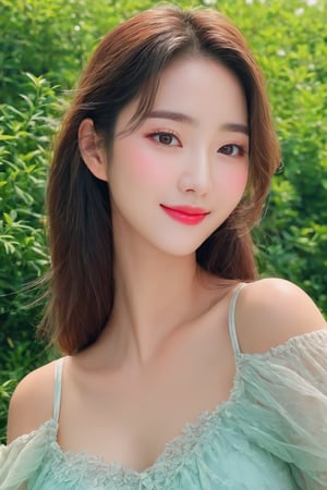 (best quality, masterpieces:1.2, ultra high resolution, 8k, realistic:1.4), 1girl, korean, cute smile, off-the-shoulders, cinematic lighting, beautiful detailed eyes, beautiful detailed lips, longeyelashes, soft skin, flowing hair, colorful garden backdrop, vibrant colors, sunshine ambiance