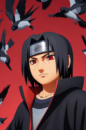 Itachi Uchiha,cute,3d,cartoon,simple background,realistic eyes,black hair,detailed Sharingan,calm expression,gentle smile,vibrant colors,vivid shading,high-resolution,smooth textures,subtle shadows,soft lighting,professional illustration,beautifully rendered,meticulous details