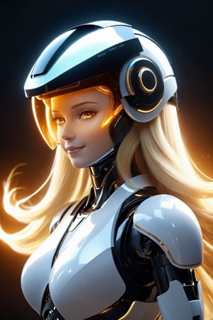 (best quality,8k,ultra detailed), (futuristic female robot:1.5), (powerful and beautiful:1.4), (visually stunning:1.3), (long voluminous blond hair:1.4), (basking in her own prowess and confidence:1.4), (helmet with a reflective visor covering her face:1.5), (blazing eyes and ambient lights:1.4), (centered view:1.3), (smiling:1.3).