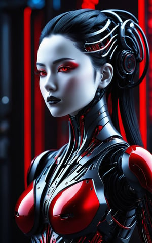 (best quality, 4K, 8K, high-resolution, masterpiece, ultra-detailed, photorealistic), A robotic humanoid female with a sleek, black and red torso, intricate mechanical details, black hair, and deep black eyes. The scene is set against a dark, futuristic background with subtle neon accents. The lighting is dramatic, highlighting the metallic and synthetic textures of her body. Her pose is powerful and elegant, exuding a sense of strength and sophistication. The overall aesthetic is a blend of advanced technology and dark elegance, with a focus on high contrast and photorealistic details.