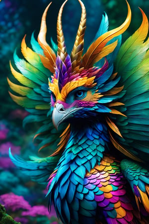 (best quality, 8K, highres), ultra-detailed, (fantasy creature illustration) featuring a magnificent and otherworldly being reminiscent of mythical creatures from legends. Transport yourself to a realm of vibrant fantasy where this extraordinary creature comes to life in a breathtaking display of colors. The high-resolution artwork unveils a world of enchantment, showcasing the creature adorned with a mesmerizing and colorful ensemble that shimmers with iridescent scales, ethereal feathers, and luminous patterns, creating a visually striking and magical aesthetic. The artist's skilled strokes vividly capture the creature's majesty and wonder, with radiant lighting that intensifies the fantastical ambiance. An exceptional masterpiece that seamlessly fuses fantasy and mythical elements, presenting the creature in a new light that resonates with awe-inspiring and vibrant glory