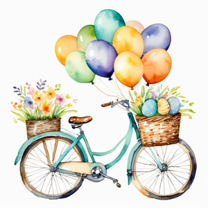 AiArtV,Happy Easter,colorful,easter theme,watercolor,clipart, a bicycle with balloons attached to the back