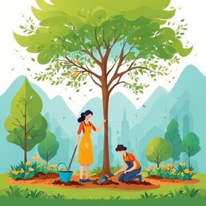 (best quality,8K,highres,masterpiece), ultra-detailed, tree planting, vector illustration, a woman and a child are planting a tree together in the yard with gardening tools