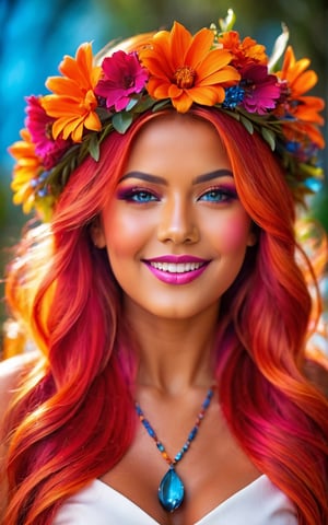 (best quality, 4k, 8k, highres, masterpiece:1.2), ultra-detailed, (realistic, photorealistic, photo-realistic:1.37),hyper realistic, 1girl,long hair,looking at viewer,realistic proportions,blue eyes,hair ornament,dress,very long hair,flower,red hair,parted lips,necklace,white dress,orange hair,lips,blurry background,freckles,realistic,head wreath,orange flower,realistic portrait