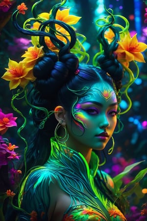 (best quality,8K,highres,masterpiece), ultra-detailed, ((Fantasy Creature)), a mesmerizing depiction of a mystical being with the essence of the goddess of horticulture. This enchanting creature possesses long, flowing black hair styled in space buns, and she radiates vibrant, otherworldly beauty. Her body is adorned with millions of microscopic, ultra-bright neon fibers, which form a mesmerizing and colorful spectacle. She stands as a beautiful backlit silhouette, her form outlined by an array of neon vines, leaves, and futuristic flora that create a riot of colors. The entire scene is bathed in a vibrant and vivid green color palette, evoking a sense of magic and wonder.