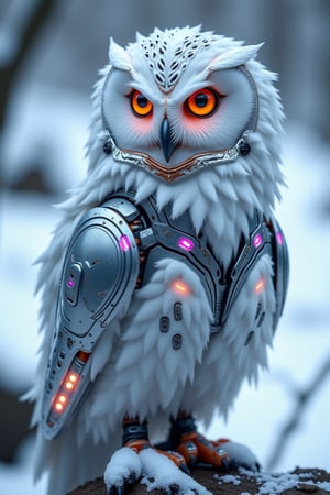 A futuristic owl with a combination of natural feathers and robotic enhancements perches on a snow-covered branch. The owl's white feathers blend seamlessly with metallic plates, adorned with glowing pink accents. Bright, orange-red eyes glisten with an intelligent, almost otherworldly aura. The detailed texture of the robotic components contrasts with the softness of the feathers. In the background, an out-of-focus wintry landscape provides a cold, serene ambiance, enhancing the owl's striking appearance.