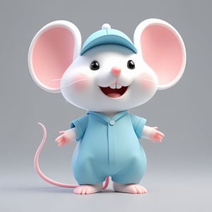 3D cute animal character,
A cute cartoon mouse stands cheerfully, featuring large, round ears with pink interiors and a small, pink nose. Its fur is a soft white with blush accents on the cheeks. The mouse wears a light blue outfit and matching cap, exuding a playful and friendly demeanor. Its black eyes are shiny and bright, with a wide smile showcasing its charming personality. A curled tail loops delightfully behind it. The background is minimal and gray, making the adorable mouse the focal point of the image.