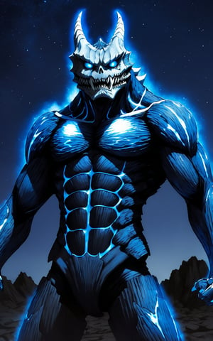 Kaiju No. 8, A dynamic anime illustration featuring Kafka Hibino in his kaiju form. The character stands in a powerful and intimidating pose, with his muscular, armored body glowing with an eerie blue light. His skeletal, monstrous face is adorned with a sharp, menacing grin, and his eyes emit a piercing blue glow. The armor-like exoskeleton has intricate, glowing blue patterns running across his chest, arms, and legs, highlighting his formidable physique. The background is a deep, starry night sky, filled with swirling blue and white cosmic dust, adding a sense of otherworldly power and mystery to the scene. Small, glowing blue particles float around him, enhancing the ethereal atmosphere. Kafka's fist is clenched, and his posture exudes strength and readiness for battle. The overall composition is dark and intense, capturing the essence of his kaiju transformation.