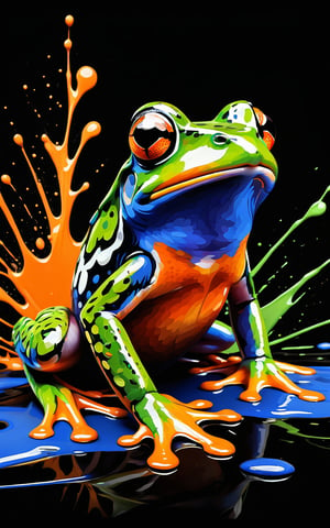 (Artistic bird illustration, high resolution, painted style, colored paint splatters), a [Frog] depicted in a painted style with dynamic and vibrant paint splatters. The main colors are [orange] and [green], set against a [black] background. The artwork captures the lively essence of the [Frog] through the use of bold paint splatters, creating a visually striking and energetic composition.