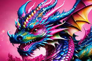 (best quality,8K,highres,masterpiece), ultra-detailed, (super colorful, pink dragon face), featuring the delightful and vibrant visage of a baby dragon. This enchanting dragon, with a cheerful smile, captivates the viewer as it gazes directly into their eyes. The background is a simple yet vivid white, accentuating the dragon's presence. Its expressive eyes, composed of deep black, are surrounded by a dazzling array of shades of pink that adorn its face, creating a mesmerizing and harmonious display of color. The dragon's distinctive features, including its unique head wings, fuse seamlessly into this radiant and fantastical portrayal of a pink dragon's face.