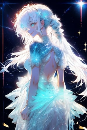 adorable girl,1girl,medium_breasts,white hair,streaked hair,twintails,sexy lingerie,sling bikini,side-tie bikini bottom,night,moon,ocean,stars,beautiful detailed glow,beautiful detailed starry sky,bright stars,beautiful and delicate water,shine,detailed light,best shadow,arched_back,bent_over,longeyelashes,arms behind back,stare,glowing eyes,wide eyed,seductive smile,1 girl,glitter