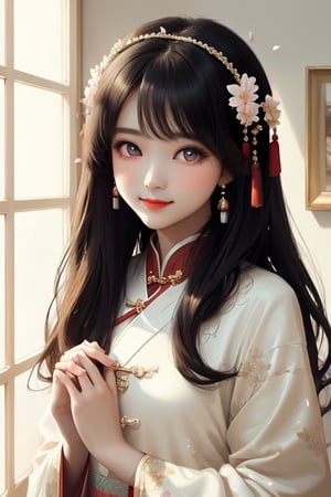 A girl with medium chest, black hair, long hair, gorgeous Chinese style headdress, Chinese style classical clothing, white clothes, beautiful and delicate eyes, big eyes, long eyelashes, looking at you, small cherry mouth, shy expression, smile, Behind the hands, many luminous petals are flying on the left and right, many petals, daytime, sunlight, sunlight shining, delicate light and shadow, classical elegance, master quality, exquisite paintings, ultra-high quality,