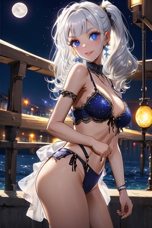 Cute girl, 1girl, medium breasts, white hair, cross-stitch, twin ponytails, sexy lingerie, suspender bikini, side-tie bikini bottom, night, moon, ocean, stars, beautiful and detailed brilliance, beautiful and detailed starry sky, bright stars, Beautiful delicate water, sparkle, detailed light, best shadow, buttocks, sexy pose, sexy gesture, dancing, dancer, long eyelashes, behind arms, gaze, glowing eyes, wide eyes, seductive smile