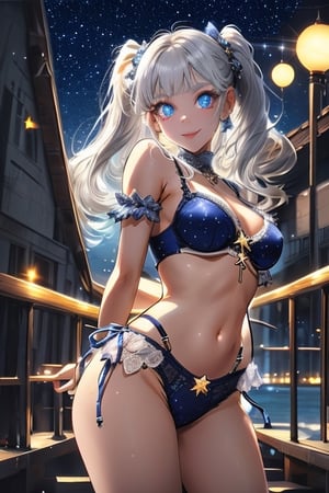 Cute girl, 1girl, medium breasts, white hair, cross-stitch, twin ponytails, sexy lingerie, suspender bikini, side-tie bikini bottom, night, moon, ocean, stars, beautiful and detailed brilliance, beautiful and detailed starry sky, bright stars, Beautiful delicate water, sparkle, detailed light, best shadow, buttocks, sexy pose, sexy gesture, dancing, dancer, long eyelashes, behind arms, gaze, glowing eyes, wide eyes, seductive smile