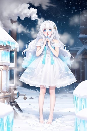 A cute girl, colorful+heterochromia+multicolor eyes, white skin, long white hair, wearing an ice dress (white+lace+embroidery barefoot, ice bottom, crystals everywhere, all around, snowing, cold, steam coming out of her mouth, (cold steam), poor lighting, full_body.