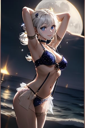 Cute girl, 1girl, medium breasts, white hair, cross-stitch, twin ponytails, sexy lingerie, suspender bikini, side-tie bikini bottom, night, moon, ocean, stars, beautiful and detailed brilliance, beautiful and detailed starry sky, bright stars, Beautiful delicate water, sparkle, detailed light, best shadow, buttocks, sexy pose, sexy gesture, dancing, dancer, long eyelashes, behind arms, gaze, glowing eyes, wide eyes, seductive smile,HologramCzar