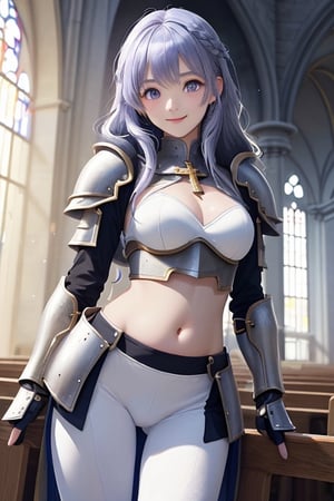 Real strong light and shadow, detailed light and shadow presentation, in the holy church, armor with complex design structure, cute girl in white armor, cute girl in white armor, close-fitting armor, tights armor, exposed belly button, beautiful and detailed eyes, blue-purple hair, Exaggerated long hair, looking at viewer, smiling, small breasts, legs spread, hands playing with hair, slim body, armor leggings, real skin texture, sunlight, bust, cowboy shot, masterpiece, hd, 8k