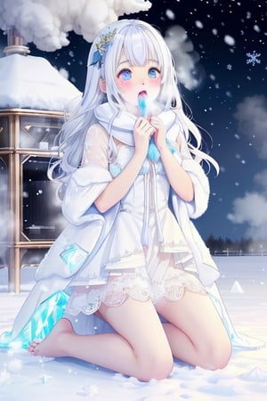 A cute girl, colorful+heterochromia+multicolor eyes, white skin, long white hair, wearing an ice dress (white+lace+embroidery barefoot, ice bottom, crystals everywhere, all around, snowing, cold, steam coming out of her mouth, (cold steam), poor lighting, full_body.
