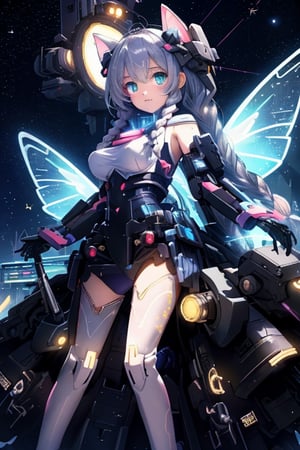 robot girl,queen,twin_braids,silver hair,cute face,science_fiction,fighting_stance,bright_eyes,eyeball,bright stars,beautiful detailed starry sky,starry sky,shine,medium_breasts,intense shadows,beautiful detailed glow,cinematic lighting,best shadow,depth of field,detailed light,light_leaks,kawaiitech,mecha musume,mechaHuge gloves, exaggeratedly big gloves