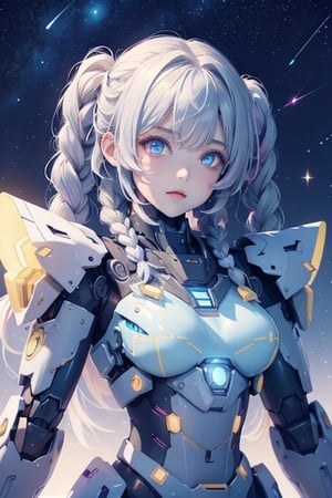 robot girl,queen,twin_braids,silver hair,cute face,science_fiction,fighting_stance,bright_eyes,eyeball,bright stars,beautiful detailed starry sky,starry sky,shine,medium_breasts,intense shadows,beautiful detailed glow,cinematic lighting,best shadow,depth of field,detailed light,light_leaks,kawaiitech,mecha musume,mecha