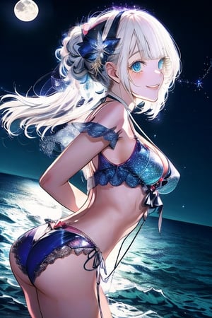 adorable girl,1girl,medium_breasts,white hair,streaked hair,twintails,sexy lingerie,sling bikini,side-tie bikini bottom,night,moon,ocean,stars,beautiful detailed glow,beautiful detailed starry sky,bright stars,beautiful and delicate water,shine,detailed light,best shadow,arched_back,bent_over,longeyelashes,arms behind back,stare,glowing eyes,wide eyed,seductive smile,1 girl,glitter,YAMATO