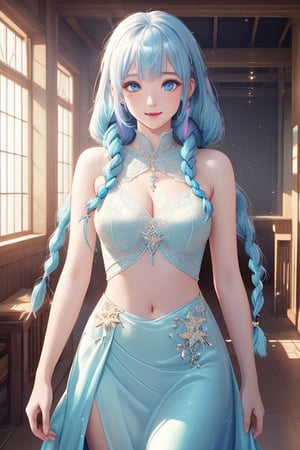 best quality, masterpiece, adorable girl, blue hair, white hair, long hair, twin braids, streaked hair, blue eyes, medium breasts, wet clothes, evening dress, seductive smile, longeyelashes, looking at viewer, aqua eyes, Bare navel, stand, indoor, day, extremely detailed, an extremely delicate and beautiful, beautiful detailed eyes, beautiful detailed glow, extremely detailed CG unity 8k wallpaper, best shadow, cinematic lighting, ultra-detailed