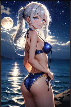 adorable girl,1girl,medium_breasts,white hair,streaked hair,twintails,sexy lingerie,sling bikini,side-tie bikini bottom,night,moon,ocean,stars,beautiful detailed glow,beautiful detailed starry sky,bright stars,beautiful and delicate water,shine,detailed light,best shadow,arched_back,bent_over,longeyelashes,arms behind back,stare,glowing eyes,wide eyed,seductive smile,1 girl,glitter,YAMATO