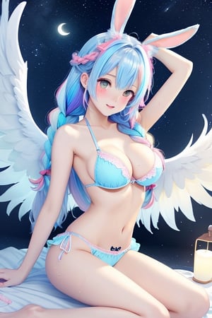 white wings ,feathers,naked,no clothes,shirt lift, skirt lift, bare legs, no legwear, leg tattoo, sling bikini, transparent underwear, victorian, lowleg_panties/low_leg_panties, large breasts, bikini, absurdly long hair, light blue hair, straddle, white hair, streaked hair, wet hair, ahoge, twin braids, straddling, twin_braids, heterochromia , moon, bunny_ears, seductive smile, blush, embarrassed , underwear, panties, bra , halo, girl, stars, night, masterpiece, best quality, angel, comic,bathing, medium breasts, no bra, transparent underwear, no_panties, ojousama, bare_shoulders, japanese_clothes, night, full_moon, stars, pubic tattoo on underbelly, arms up, armpits, obi, masterpiece, best quality, masterpiece,best quality,official art,extremely detailed CG unity 8k wallpaper, bunny_ears, light blue hair, white hair, multicolored hair, streaked hair, alternate hair color, wet hair, hair over eyes, long hair, twin_braids, heterochromia , twin braids, 