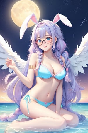 white wings ,feathers,naked,no clothes,shirt lift, skirt lift, bare legs, no legwear, leg tattoo, sling bikini, transparent underwear, victorian, lowleg_panties/low_leg_panties, large breasts, bikini, absurdly long hair, light blue hair, straddle, white hair, streaked hair, wet hair, ahoge, twin braids, straddling, twin_braids, heterochromia , moon, bunny_ears, seductive smile, blush, embarrassed , underwear, panties, bra , halo, girl, stars, night, masterpiece, best quality, angel, comic,girl, medium hair, archer body buttocks,feet open facing the audience,lilac hair, drill hair, shy face,blush, excited, bunny_ears, medium breasts,  bikini under clothes, armlet, glasses, bent_over, over the sea, sun, masterpiece, best quality, 