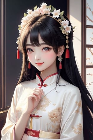 A girl with medium chest, black hair, long hair, gorgeous Chinese style headdress, Chinese style classical clothing, white clothes, beautiful and delicate eyes, big eyes, long eyelashes, looking at you, small cherry mouth, shy expression, smile, Behind the hands, many luminous petals are flying on the left and right, many petals, daytime, sunlight, sunlight shining, delicate light and shadow, classical elegance, master quality, exquisite paintings, ultra-high quality,