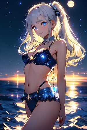 Cute girl, 1girl, medium breasts, white hair, cross-stitch, twin ponytails, sexy lingerie, suspender bikini, side-tie bikini bottom, night, moon, ocean, stars, beautiful and detailed brilliance, beautiful and detailed starry sky, bright stars, Beautiful delicate water, sparkle, detailed light, best shadow, buttocks, sexy pose, sexy gesture, dancing, dancer, long eyelashes, behind arms, gaze, glowing eyes, wide eyes, seductive smile