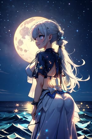 adorable girl,1girl,medium_breasts,white hair,streaked hair,twintails,sexy lingerie,sling bikini,side-tie bikini bottom,night,moon,ocean,stars,beautiful detailed glow,beautiful detailed starry sky,bright stars,beautiful and delicate water,shine,detailed light,best shadow,arched_back,bent_over,longeyelashes,arms behind back,stare,glowing eyes,wide eyed,seductive smile,DonMF41ryW1ng5