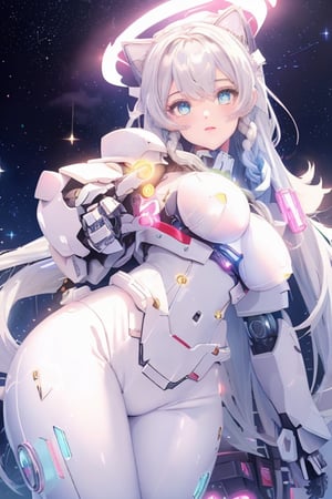robot girl,queen,twin_braids,silver hair,cute face,science_fiction,fighting_stance,bright_eyes,eyeball,bright stars,beautiful detailed starry sky,starry sky,shine,medium_breasts,intense shadows,beautiful detailed glow,cinematic lighting,best shadow,depth of field,detailed light,light_leaks,kawaiitech,mecha musume,mechaHuge gloves, exaggeratedly big gloves