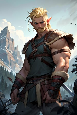 Viking warrior on a mountain, blonde hair blue eyes, male, (masterpiece) , handsome, pointy ears, short hair, undercut, barbarian , cowboy stance, with a sexy lady, gloomy mountain, blue, viking , war torn, no left eye, strong jaw, dark forrest, blind eye, athletic, rage