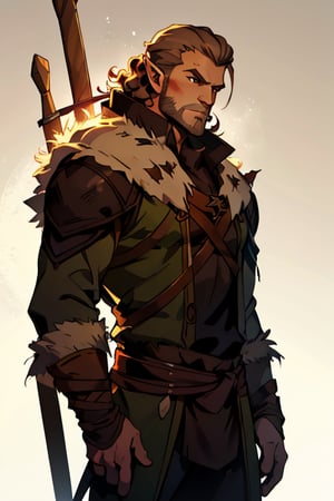 (masterpiece), cowboy stance , athletic, fur, athletic build, letho_soul3142, fo,vox machina style, pointy ears, barbarian, curly hair, light brown hair, brown eyes, archer, torn clothes, druid, magic, forrest