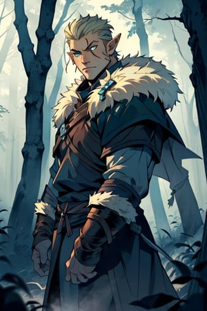  male, (masterpiece), cowboy stance , fur, letho_soul3142, fo,vox machina style, viking, blue eyes eyes, light blond , short hair, ranger, pointy ears, young , undercut, dark Forrest background 