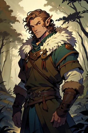  male, (masterpiece), cowboy stance , fur, letho_soul3142, fo,vox machina style, viking, brown eyes, light brown hair, short curly hair, druid, pointy ears, young , curly hair, magical Forrest background 