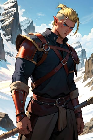 Viking warrior on a mountain, blonde hair blue eyes, male, (masterpiece) , handsome, pointy ears, short hair, undercut, barbarian , cowboy stance, with a sexy lady