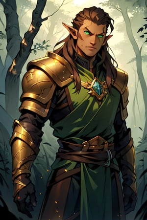  male, (masterpiece), cowboy stance , letho_soul3142, fo,vox machina style, elvish, green eyes eyes, brown hair , long hair, pointy ears , dark Forrest background , handsome, gold armor, chest plate 