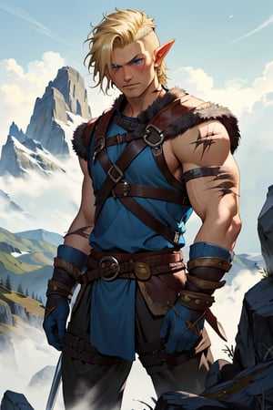 Viking warrior on a mountain, blonde hair blue eyes, male, (masterpiece) , handsome, pointy ears, short hair, undercut, barbarian , cowboy stance, with a sexy lady, gloomy mountain, blue, viking , war torn, scars, no left eye, strong jaw