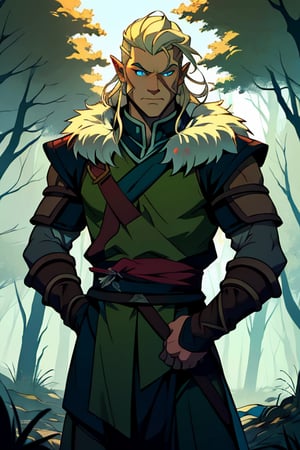  male, (masterpiece), cowboy stance , fur, letho_soul3142, fo,vox machina style, viking, blue eyes eyes, light blond , long hair, undercut, ranger, pointy ears, young , dark Forrest background , assassin creed,the legend of korra