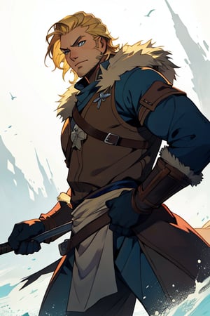  blonde hair blue eyes, male, (masterpiece), cowboy stance , athletic, fur, athletic build, letho_soul3142, fo,vox machina style