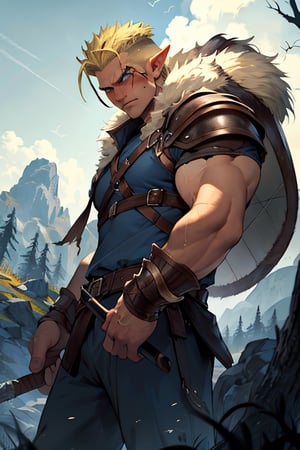 Viking warrior on a mountain, blonde hair blue eyes, male, (masterpiece) , handsome, pointy ears, short hair, undercut, barbarian , cowboy stance, gloomy mountain, blue, viking , war torn, no left eye, dark forrest, blind eye, athletic, rage, thin, clean shaven, fur, athletic build