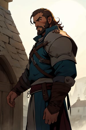 (masterpiece), letho_soul3142, , vox machina style, ezio_soul3142, brown curly hair, brown eyes, muscular, knight, high elf soldier, thin beard, 