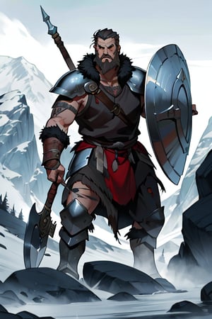 Viking warrior on a mountain, male, (masterpiece) , handsome, short hair, barbarian , armor, cowboy stance, knight, full armor, norse, ancient, fur, athletic, warrior, helmet, ,vox machina style, beard, wartorn, viking shield, hold and axe, tattoos, bear fur