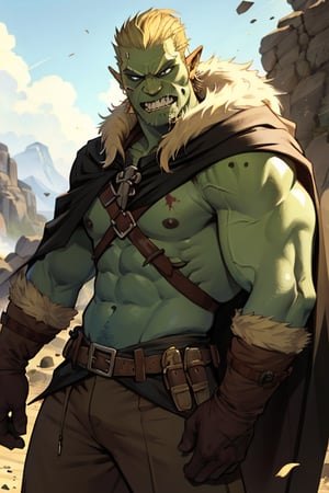  blonde hair blue eyes, male, (masterpiece), orcs , cowboy stance , war torn, athletic, rage, fur, athletic build, orc, half orc, pale green skin, different skin color, large teeth, orc teeth, strong jaw, black cloak , blonde beard war paint, (orc) pants, chief, leader, bones, tribal, tribe, skulls,letho_soul3142, fort background 