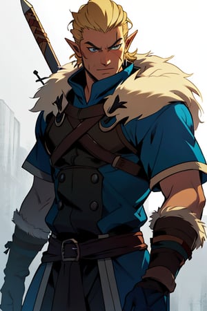  blonde hair blue eyes, male, (masterpiece), cowboy stance , athletic, fur, athletic build, letho_soul3142, fo,vox machina style, pointy ears, barbarian 