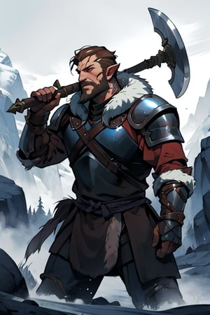 Viking warrior on a mountain, male, (masterpiece) , handsome, short hair, barbarian , armor, cowboy stance, knight, full armor, norse, ancient, fur, athletic, warrior, ,vox machina style, beard, wartorn, viking shield, hold and beared axe, tattoos, bear fur, rohan, mandalorian armor, detailed face, pointy ears, brown hair, chest plate